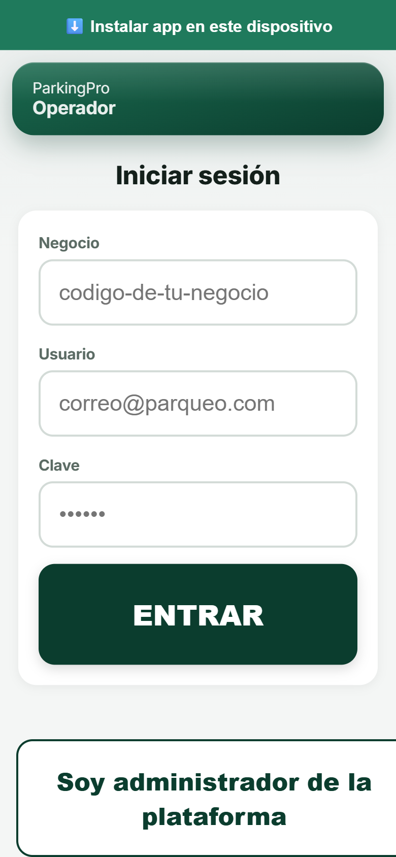 Pantalla de inicio de sesión