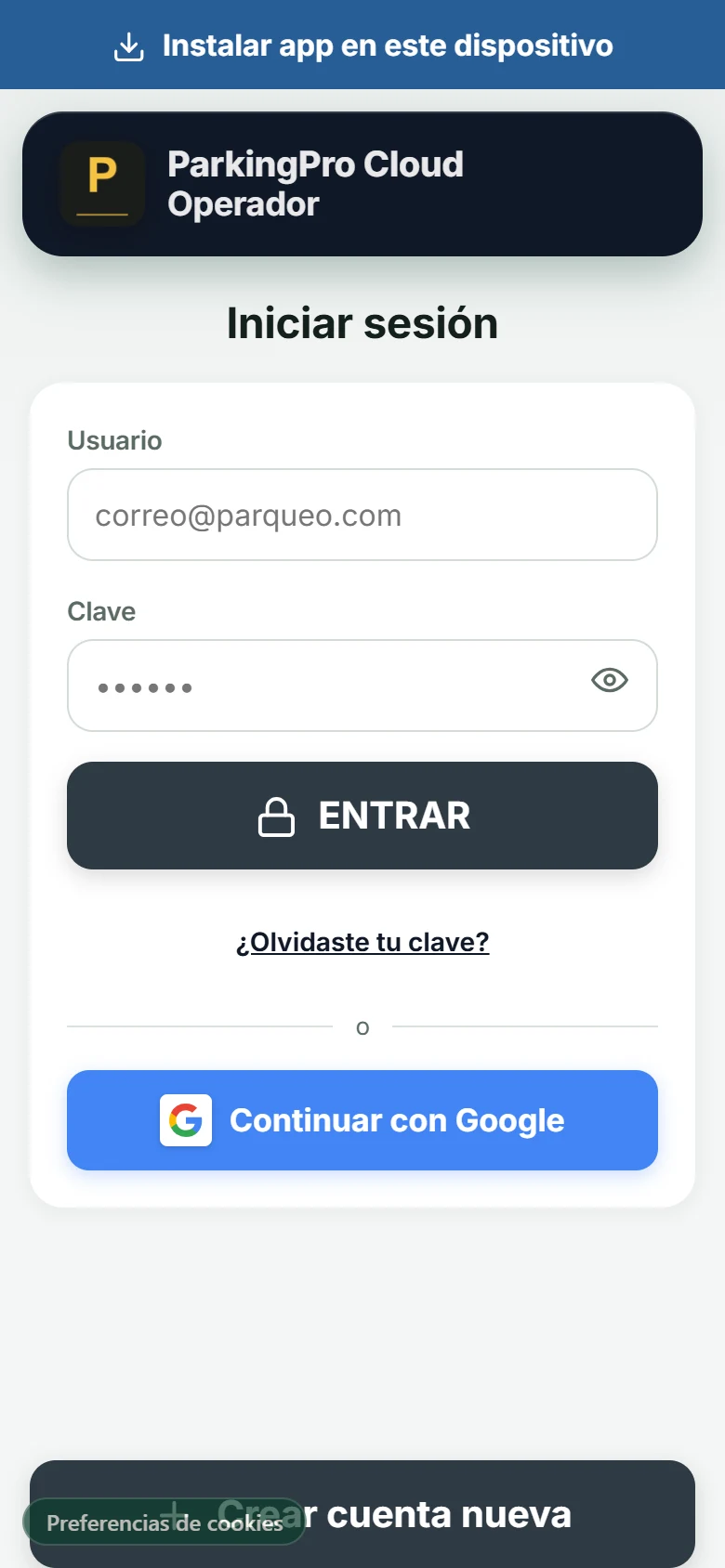 Pantalla de inicio de sesión