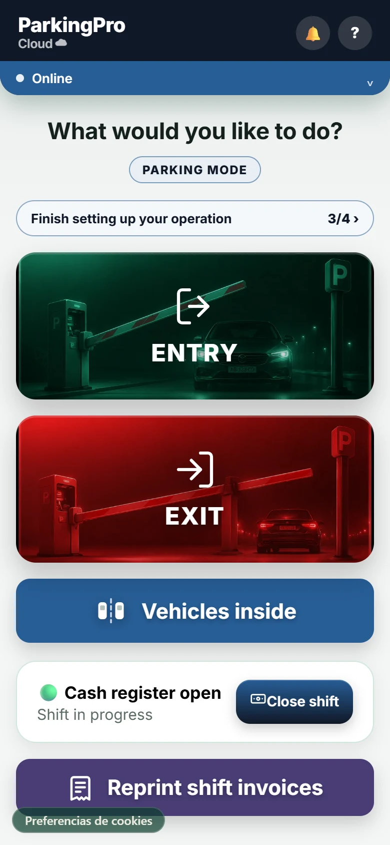 ParkingPro Cloud main menu