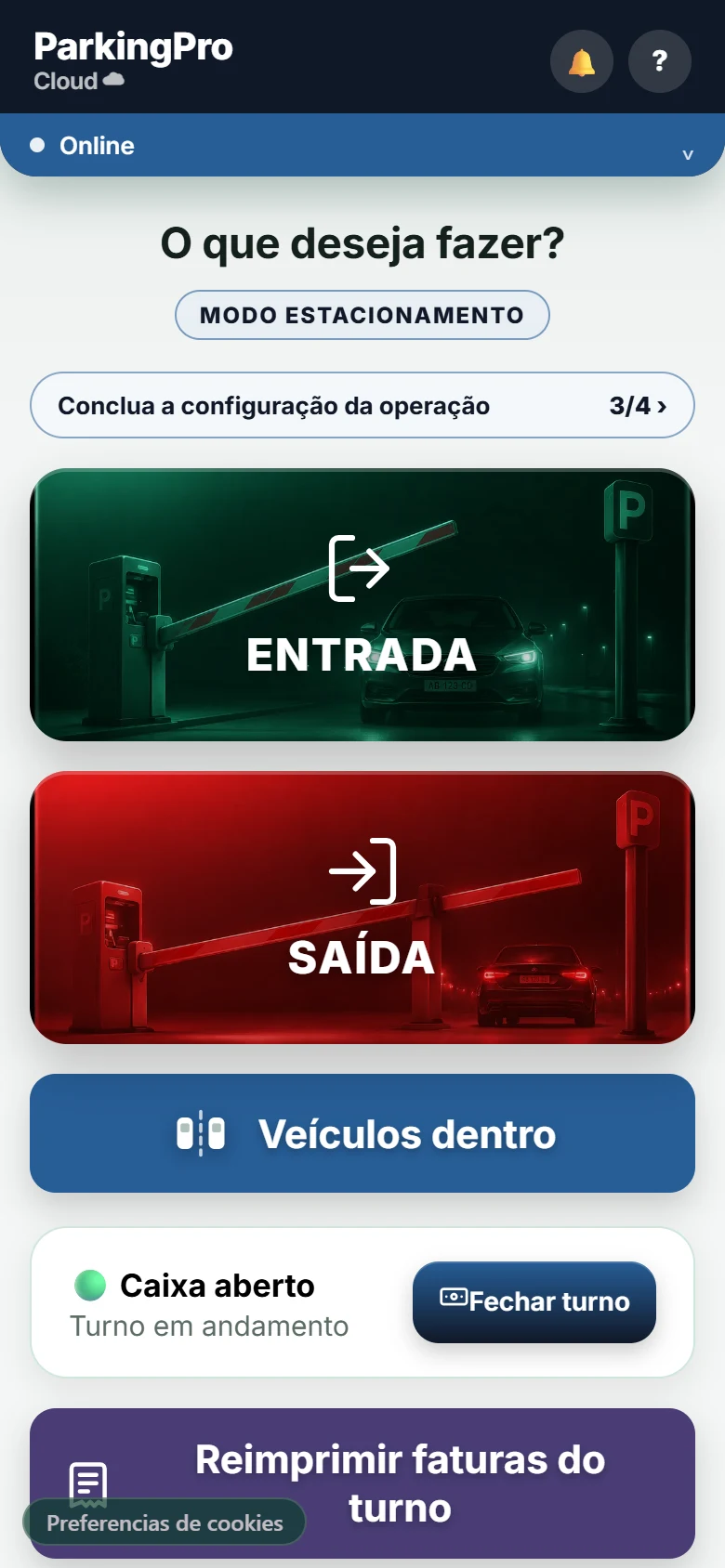 Menu principal do ParkingPro Cloud
