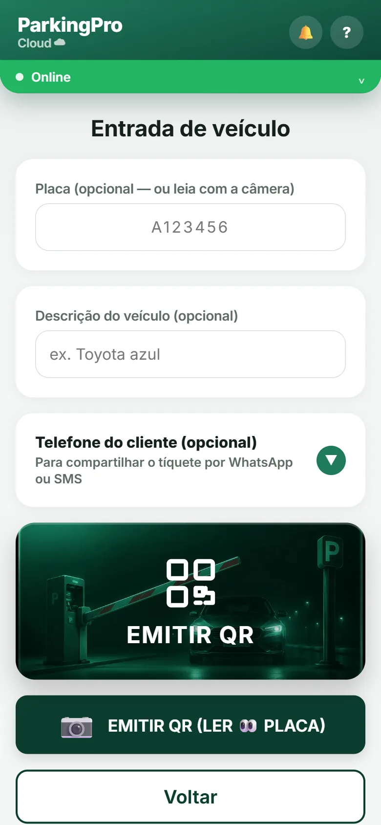 Tela de entrada de veículo do ParkingPro em português, com placa e descrição do carro