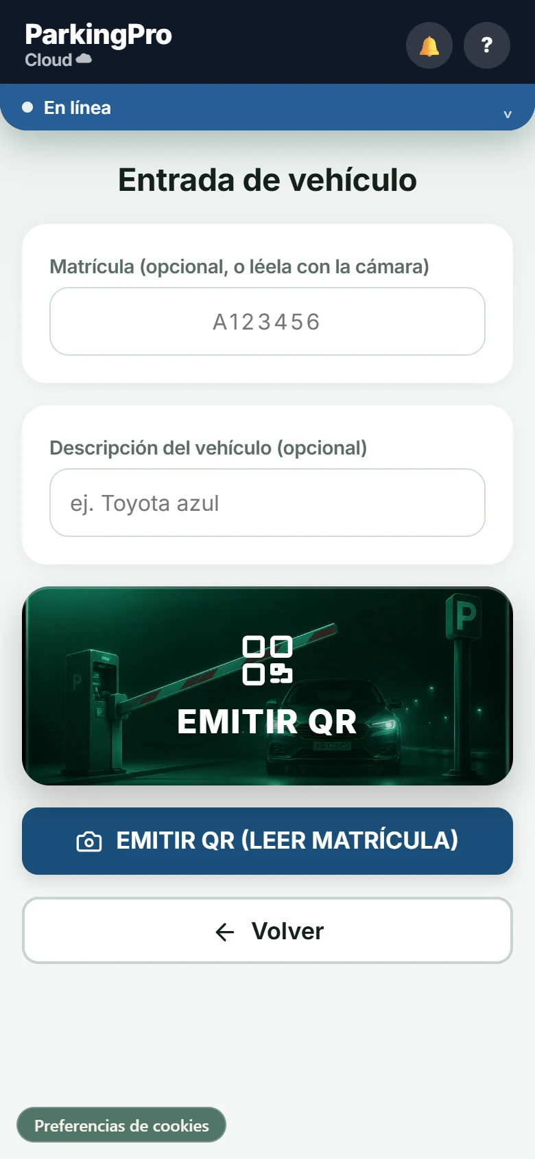 Pantalla de entrada de vehículo
