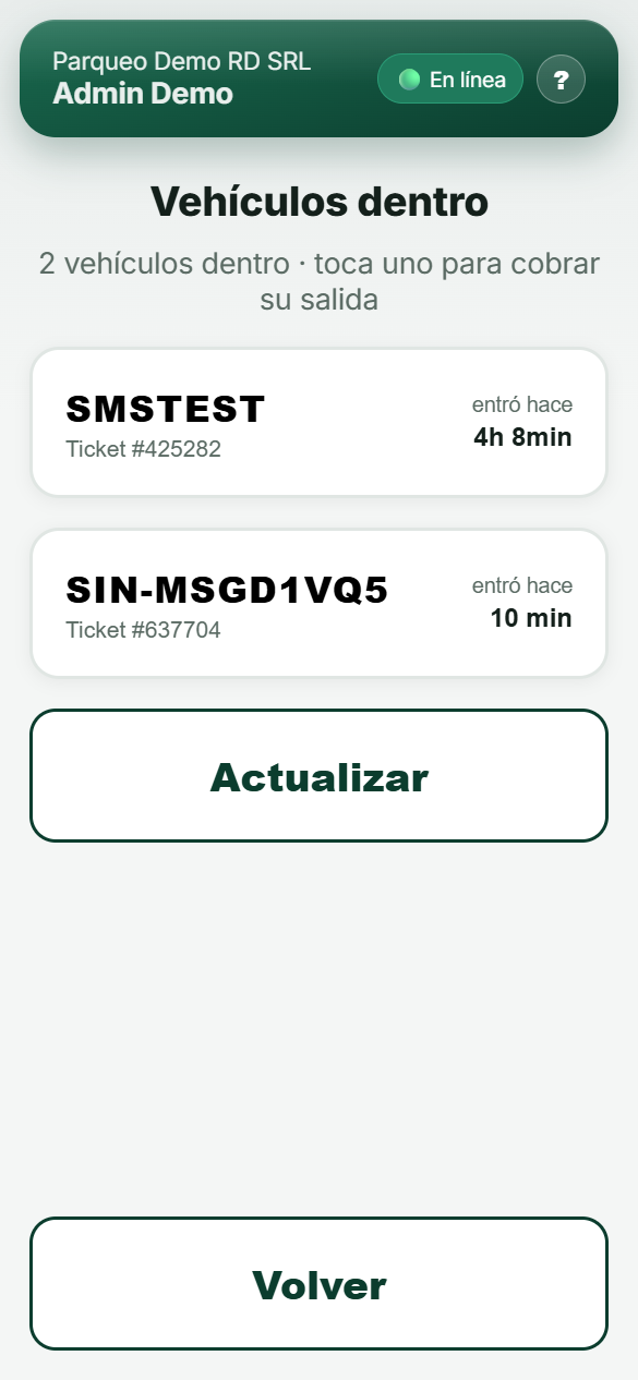 Lista de vehículos dentro del parqueo