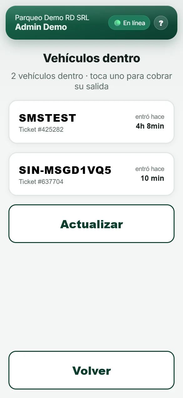 Lista de vehículos dentro con el tiempo que lleva cada uno