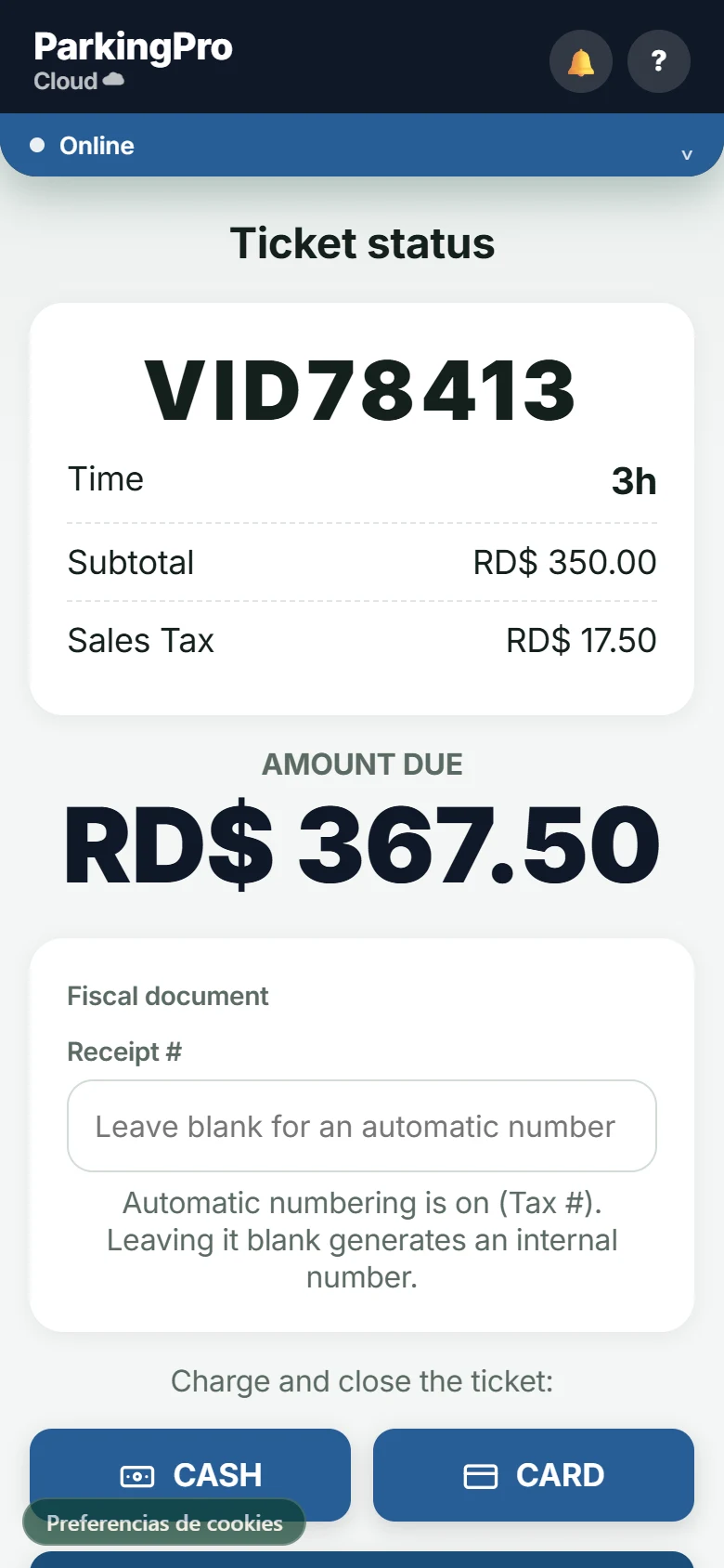 Payment screen with the amount due