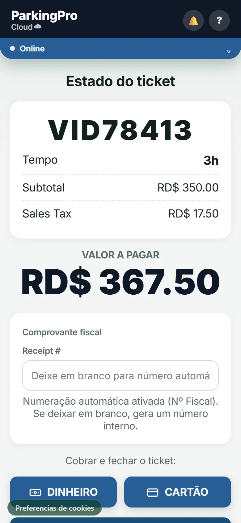Tela de cobrança com o valor a pagar