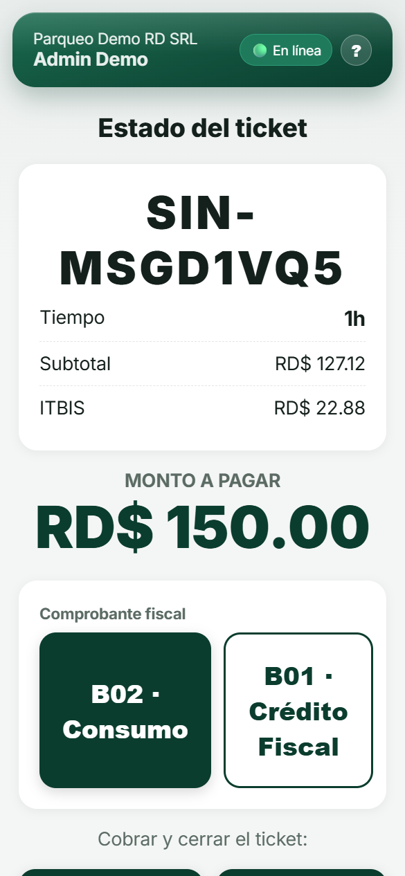 Pantalla de cobro con selección de comprobante fiscal