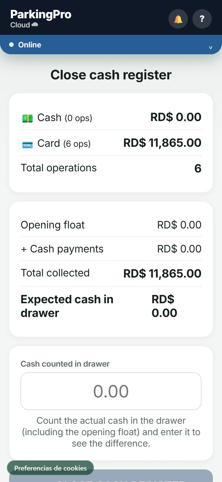 Register closing screen with cash count
