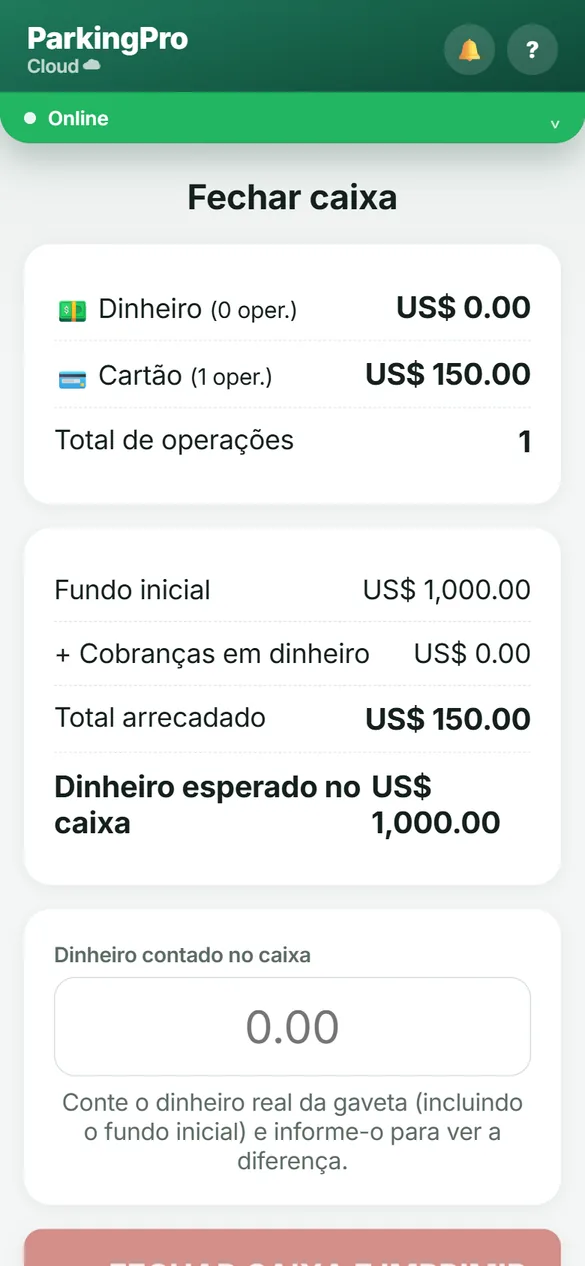 Tela de fechamento do ParkingPro em português, comparando o total esperado com o contado