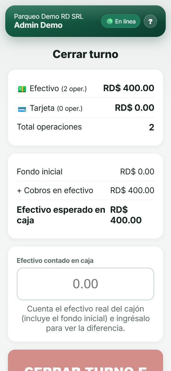 Pantalla de cierre de caja con cuadre de efectivo