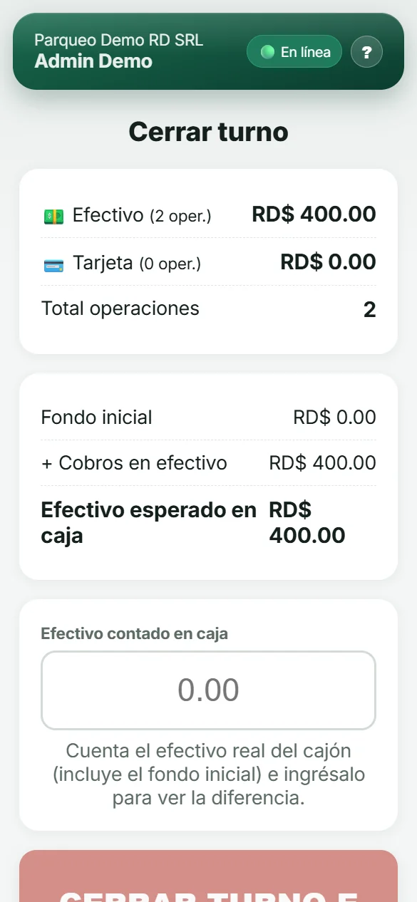 Pantalla de cierre de caja con cuadre de efectivo