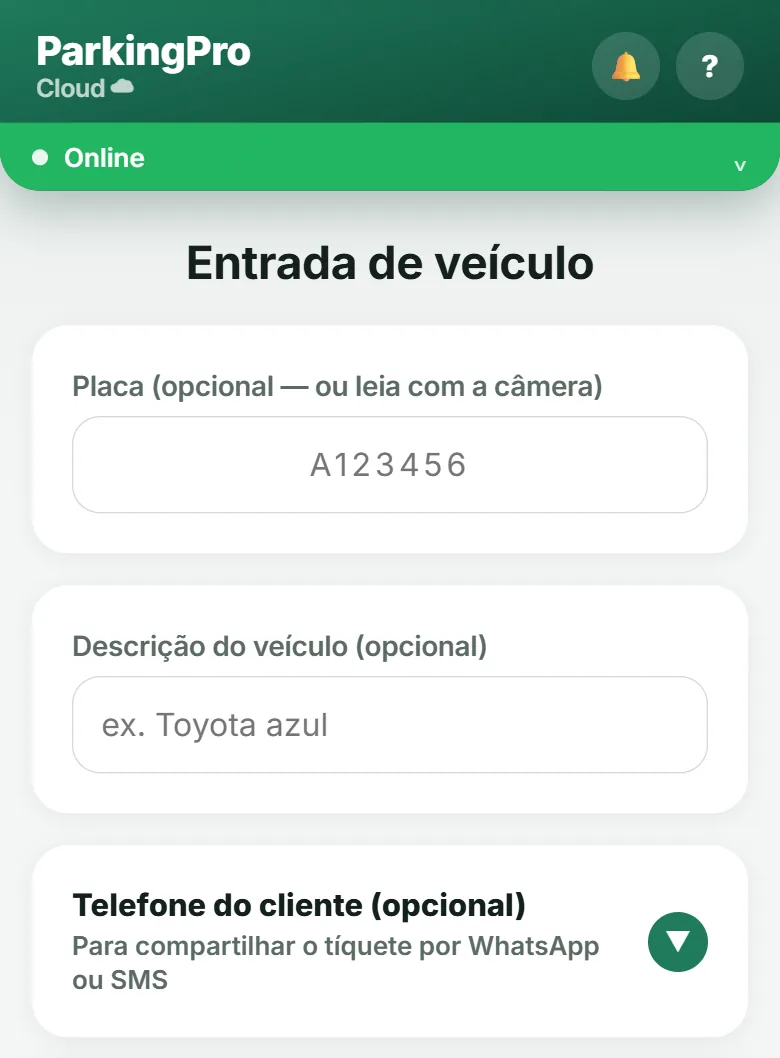 Campo de telefone recolhido na tela de entrada