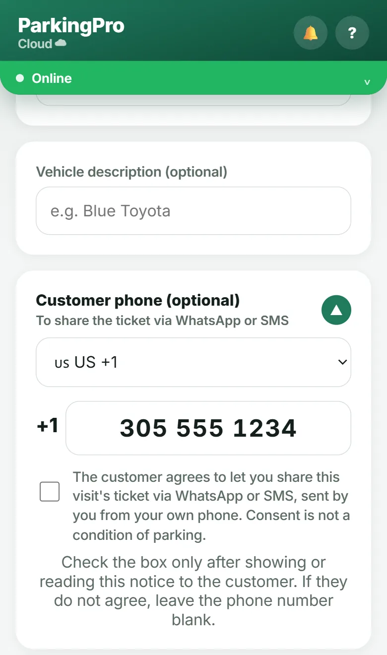 Expanded phone field with the consent checkbox