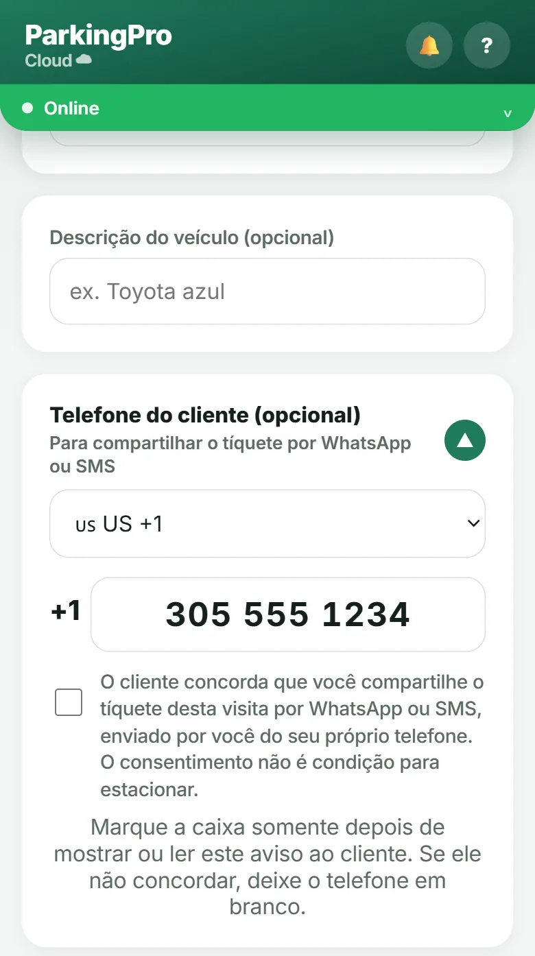 Campo de telefone expandido com a caixa de consentimento