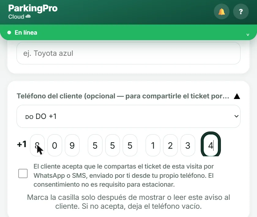 Campo de teléfono desplegado con casilla de consentimiento