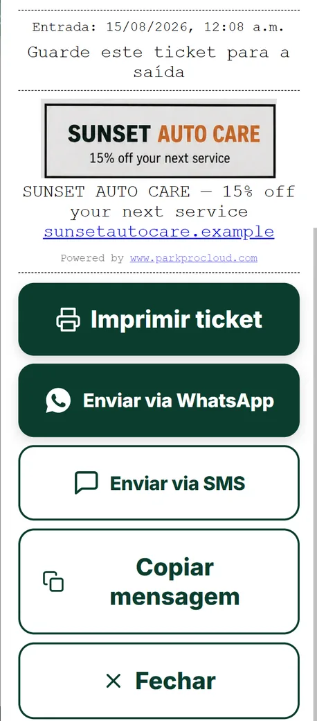Botões de enviar ticket por WhatsApp e por SMS