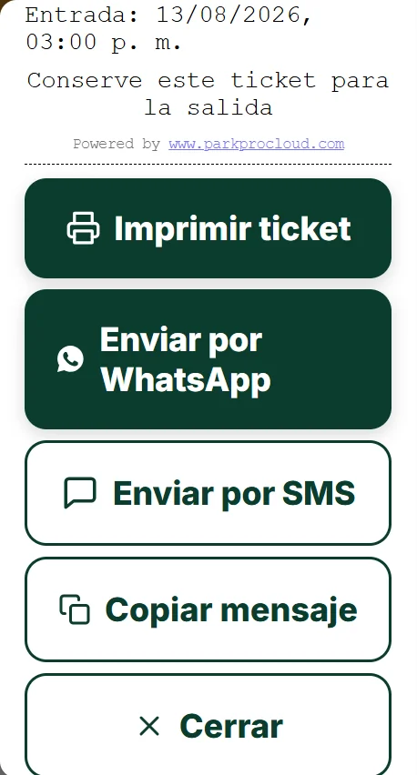 Botones de enviar ticket por WhatsApp y por SMS