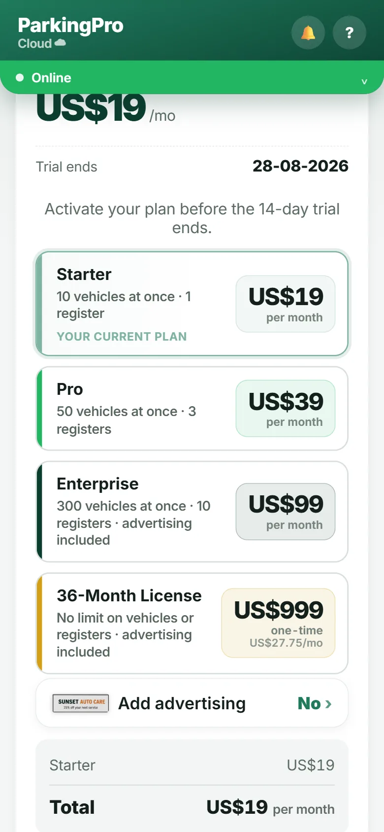 Subscription tab showing the available plans