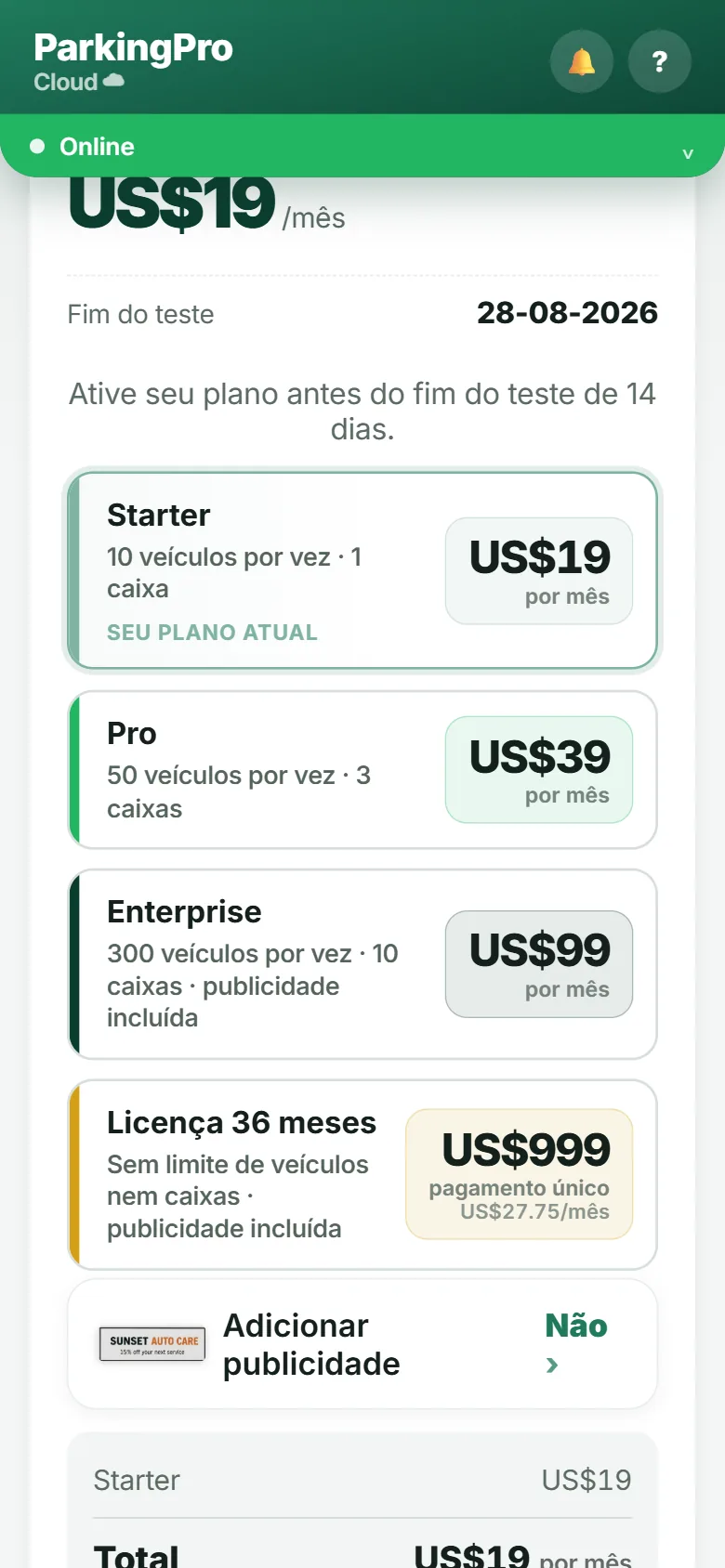Aba Assinatura com os planos disponíveis