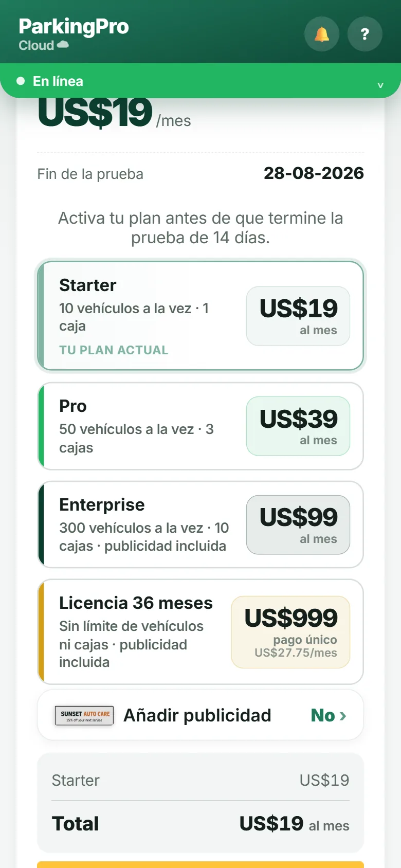 Pestaña Suscripción con los planes disponibles