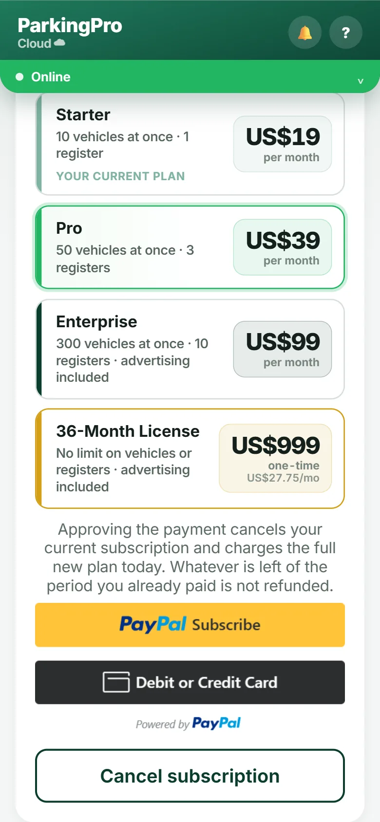 Changing plan, with the charge warning