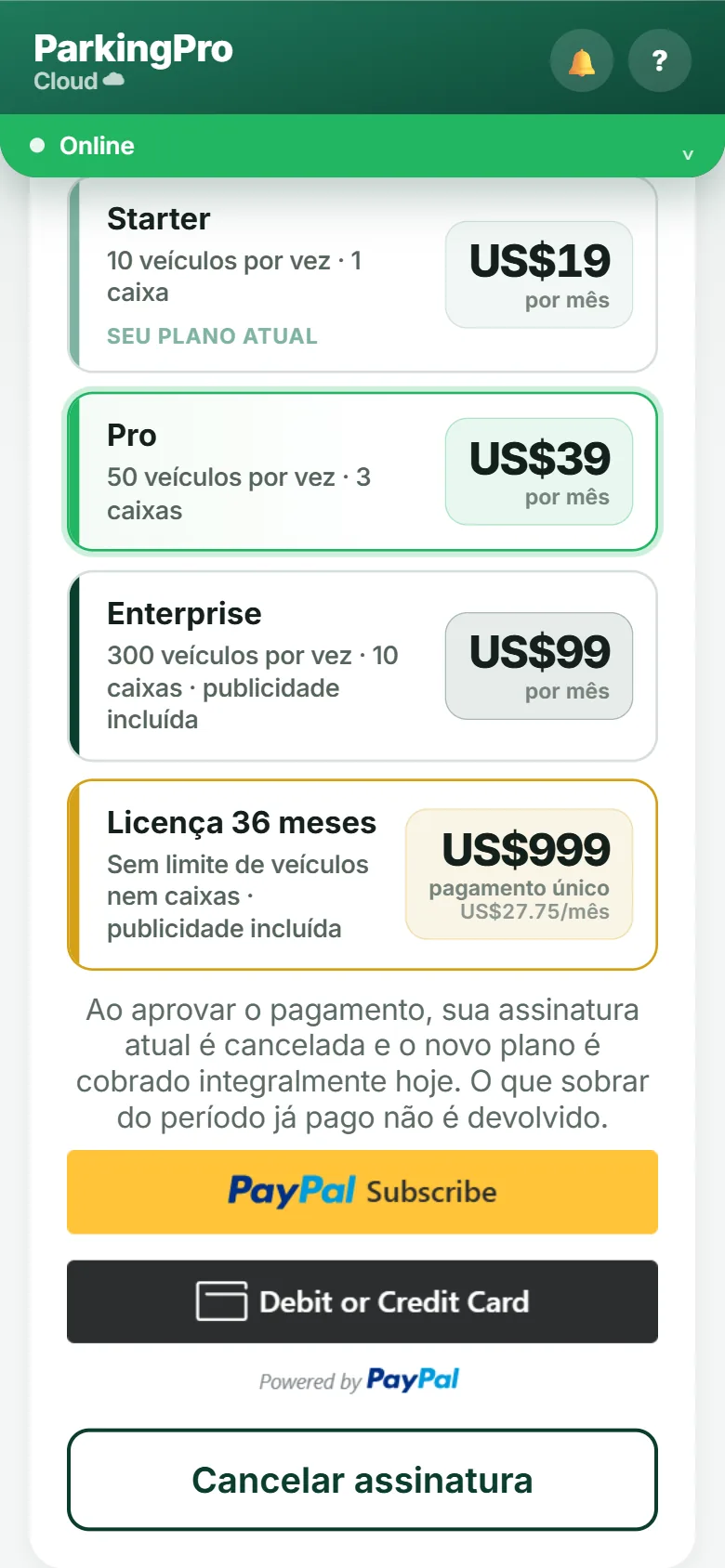 Troca de plano com o aviso de cobrança