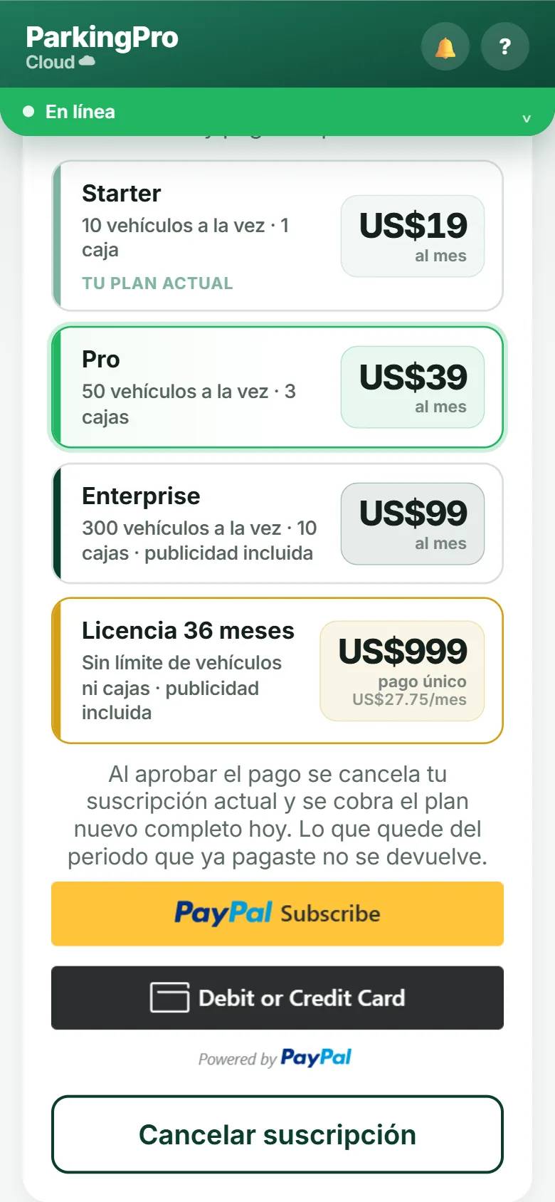 Cambio de plan con el aviso de cobro