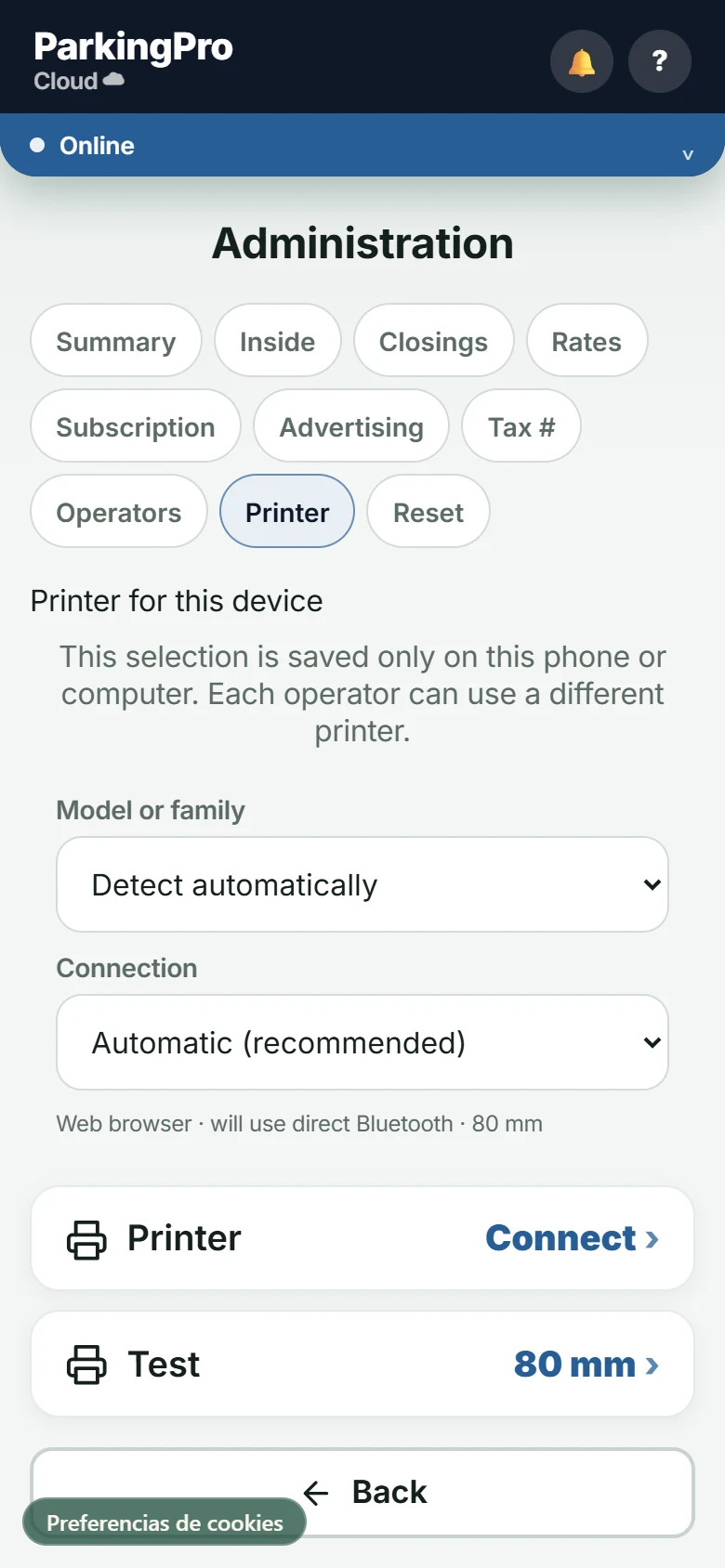 Current ParkingPro printer model and connection settings