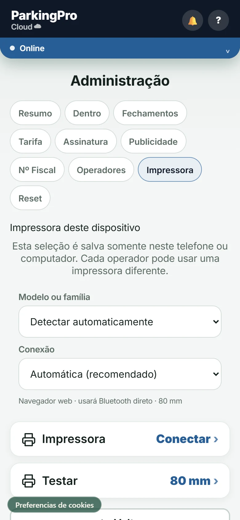 Configuração atual de modelo e conexão de impressora no ParkingPro