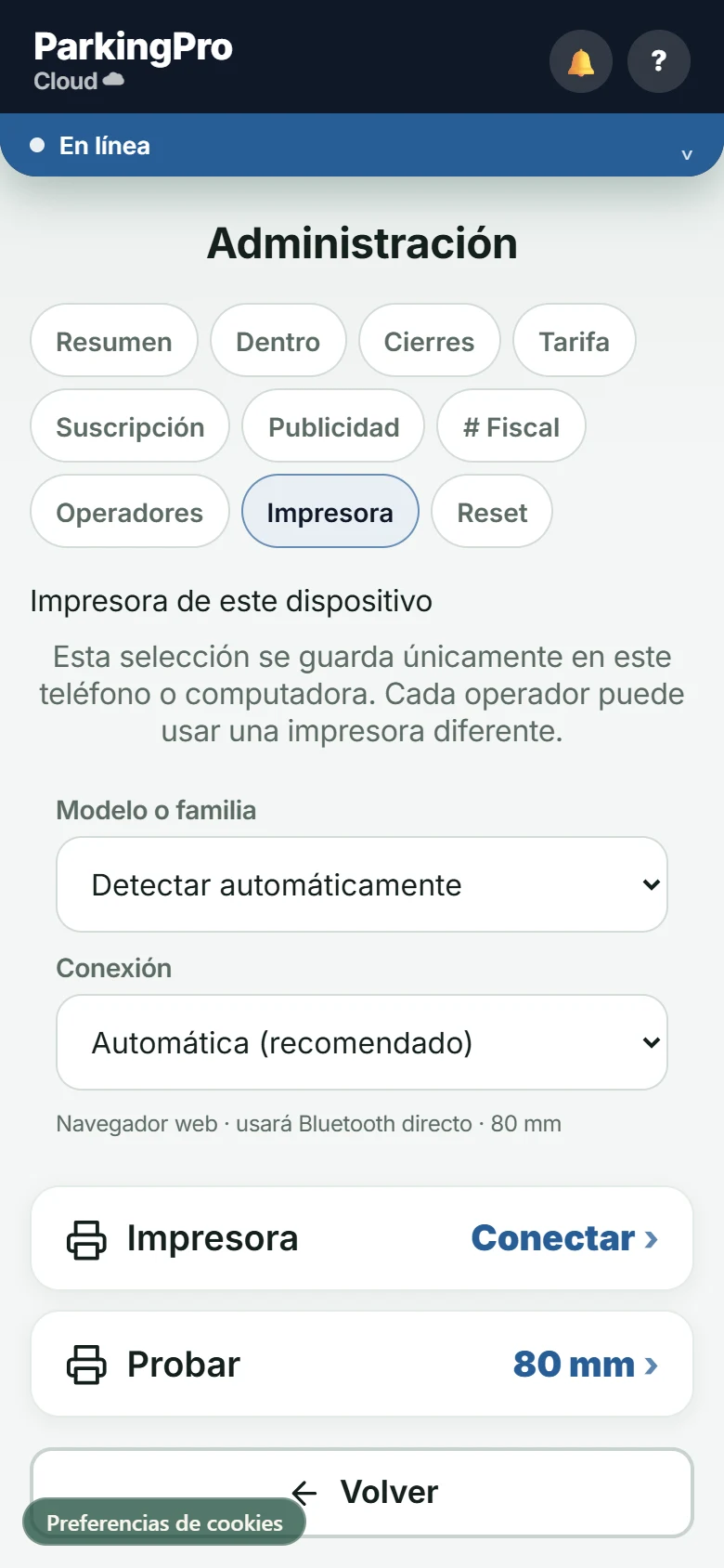 Configuración actual de impresoras por modelo y conexión en ParkingPro