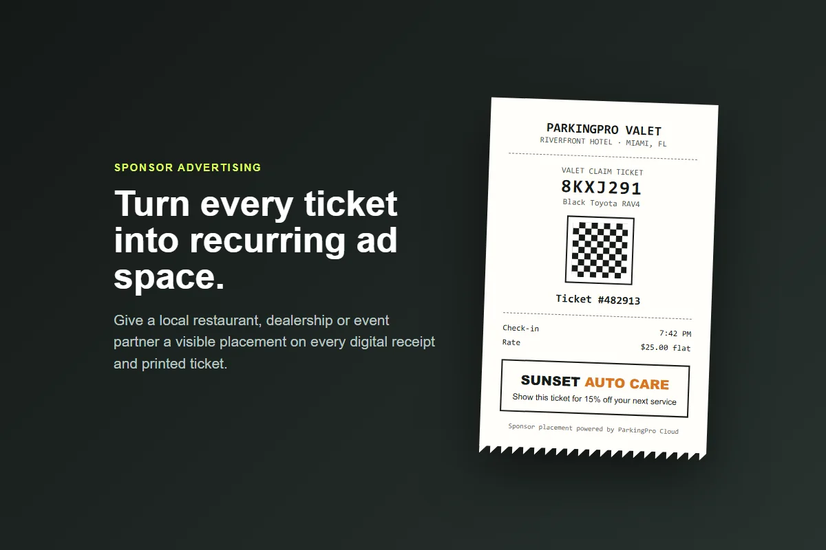 ParkingPro parking ticket with a local sponsor advertisement