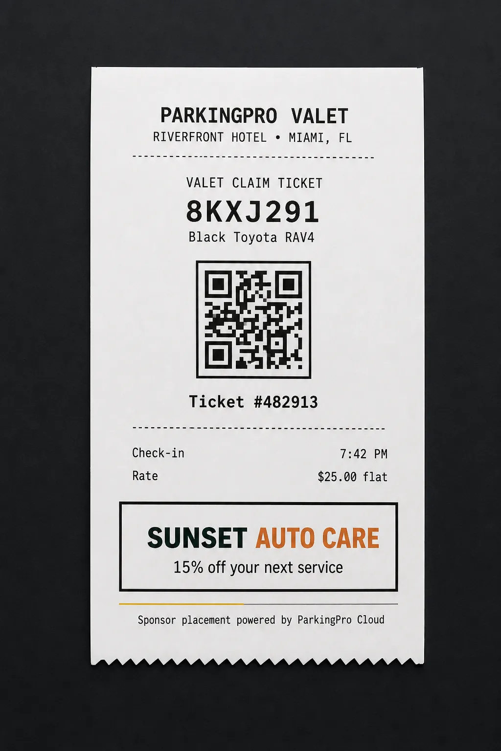 Exemplo de ticket ParkingPro com publicidade de patrocinador