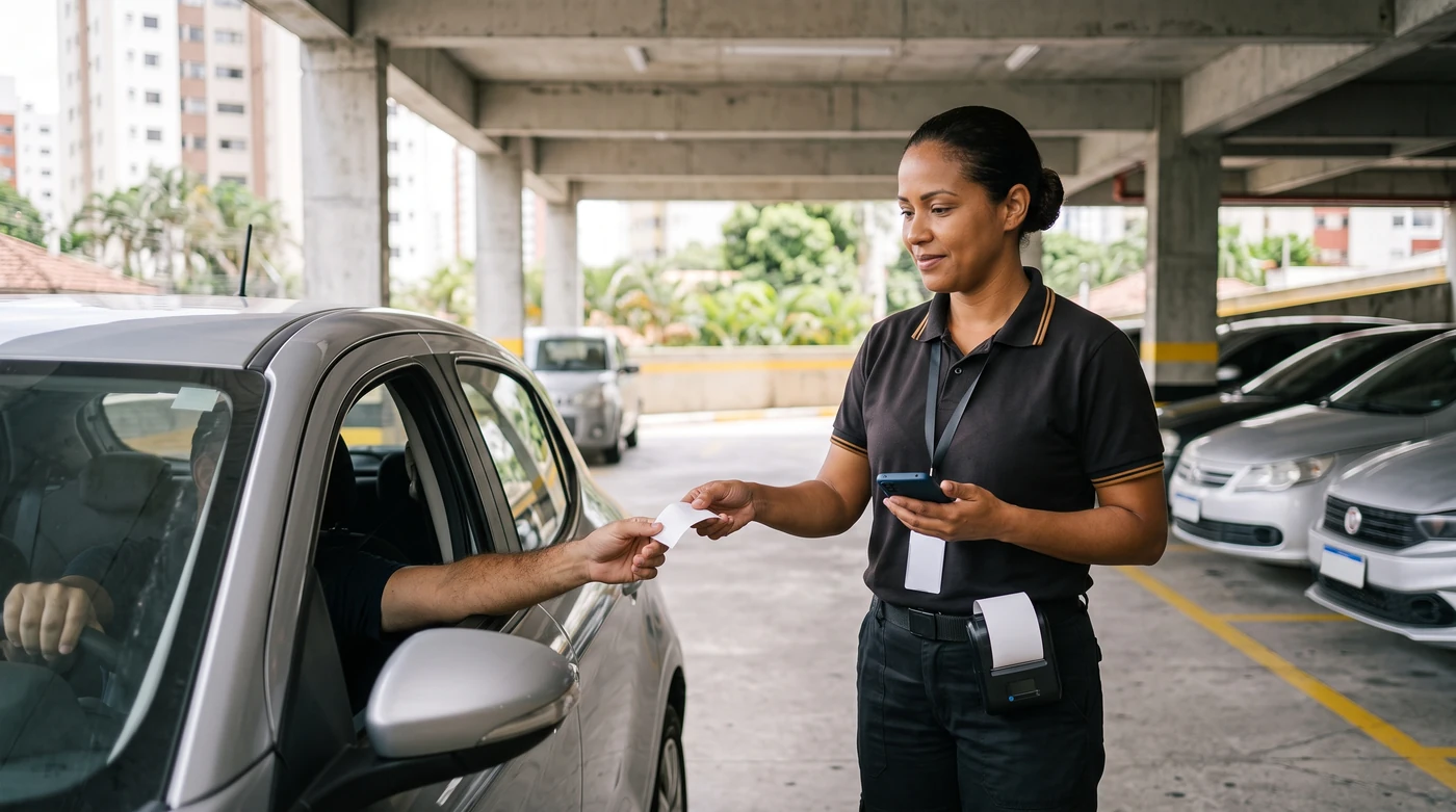 Operadora do caixa entregando o recibo impresso ao motorista na saída