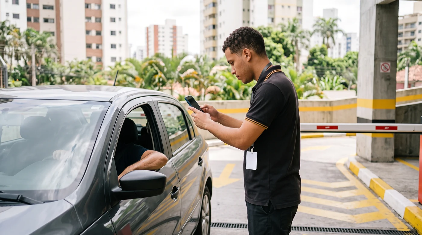 Operador na cancela de entrada registrando a placa de um veículo pelo celular