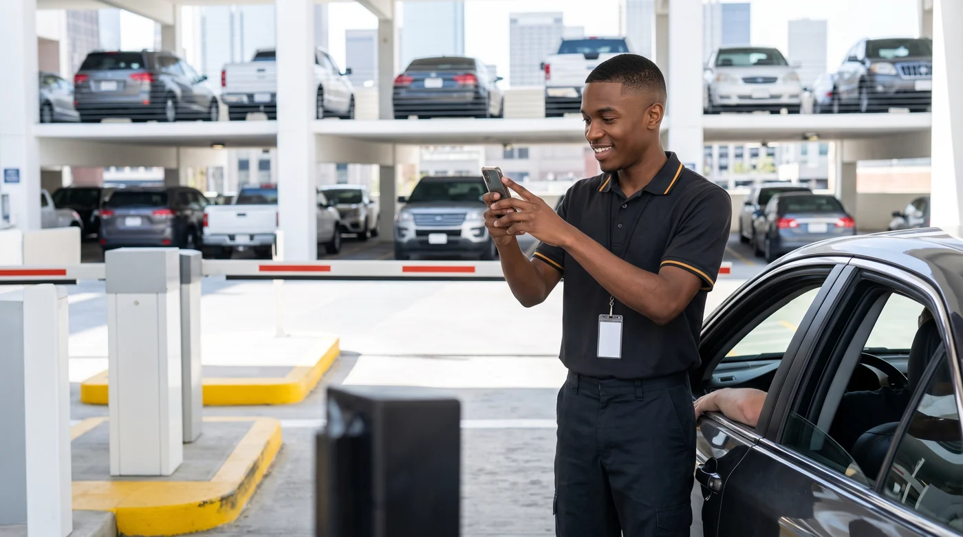 Parking attendant at a garage entry lane logging a plate on a phone