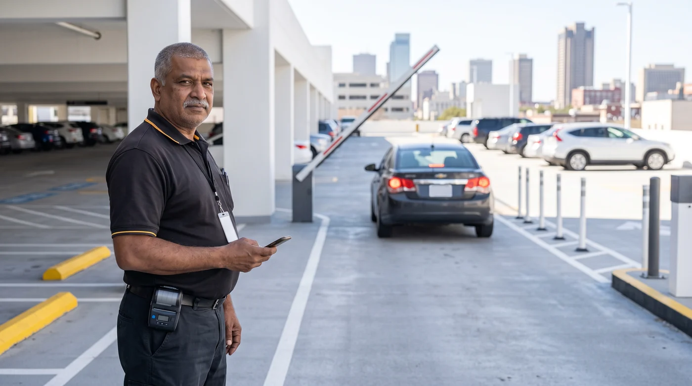 Attendant at a garage exit gate handing a vehicle back to its driver