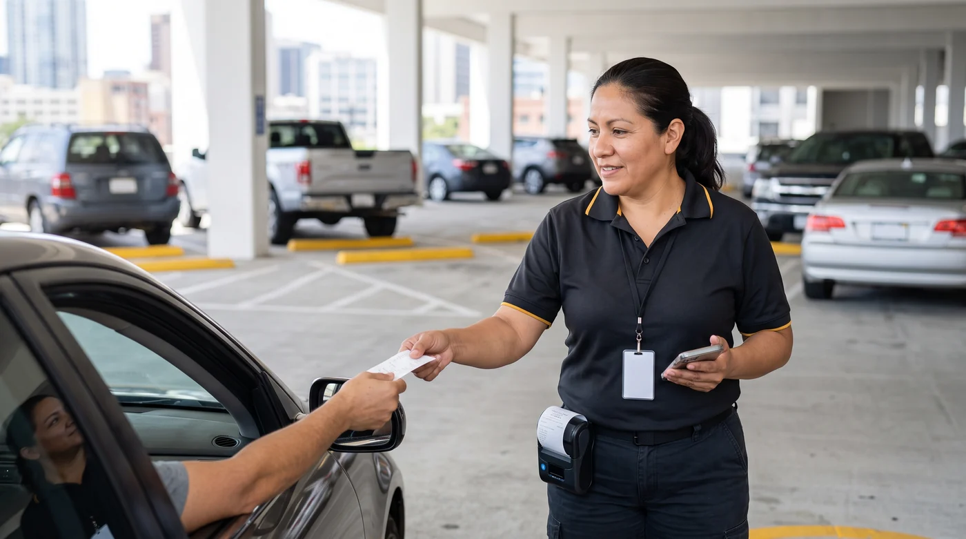 Cashier in a parking booth taking payment and handing the driver a printed receipt