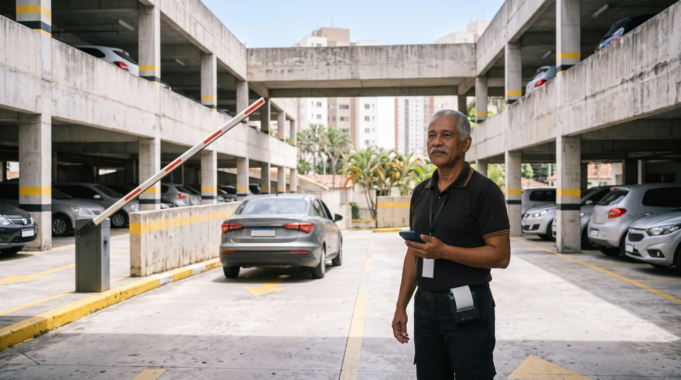 Operador na cancela de saída devolvendo o veículo ao dono