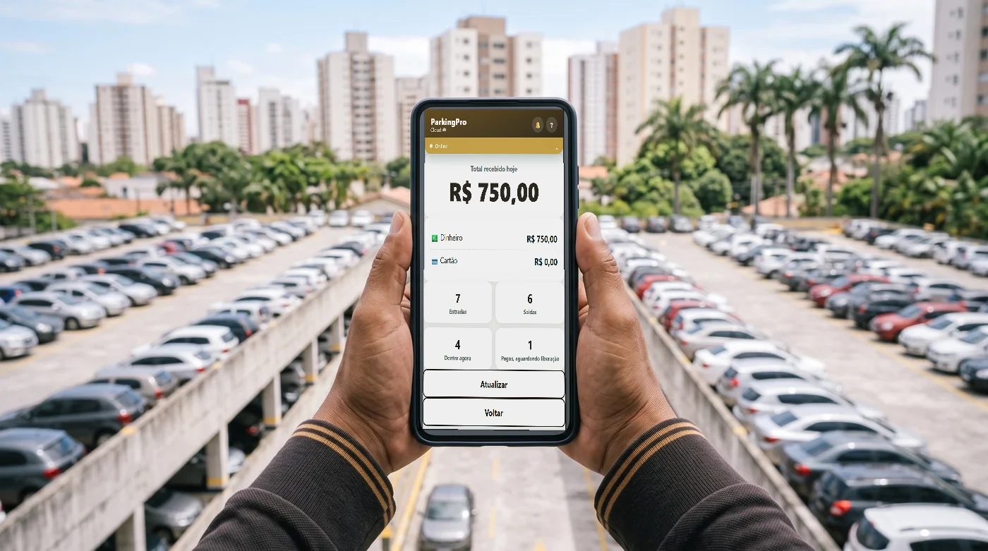 O que o supervisor vê: o resumo do dia no celular, com o estacionamento de vários níveis ao fundo