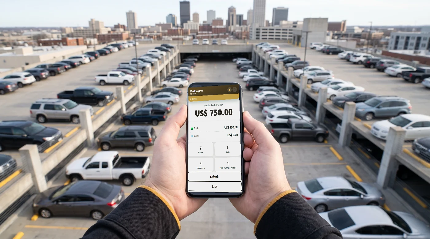 What the supervisor sees: the day's summary on their phone, with the multi-level garage below