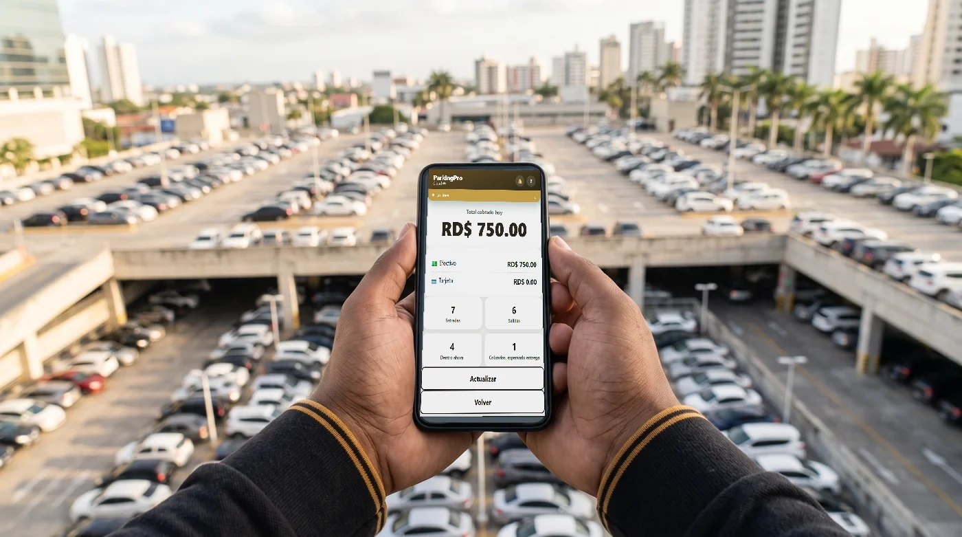 Lo que ve el supervisor: el resumen del d&iacute;a en su tel&eacute;fono, con el estacionamiento de varios niveles al fondo