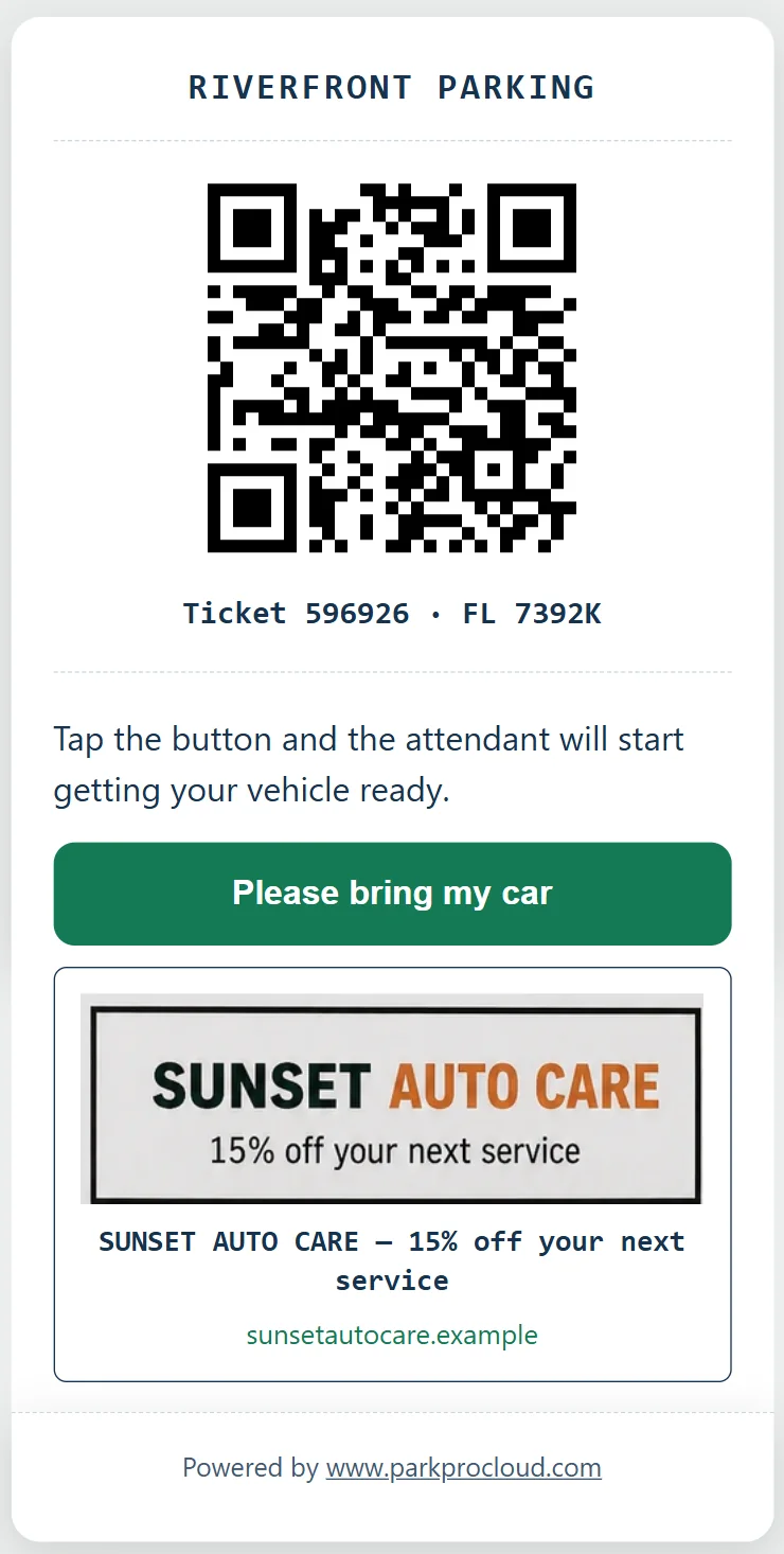 Digital parking ticket with a local sponsor placement on the copy the customer keeps