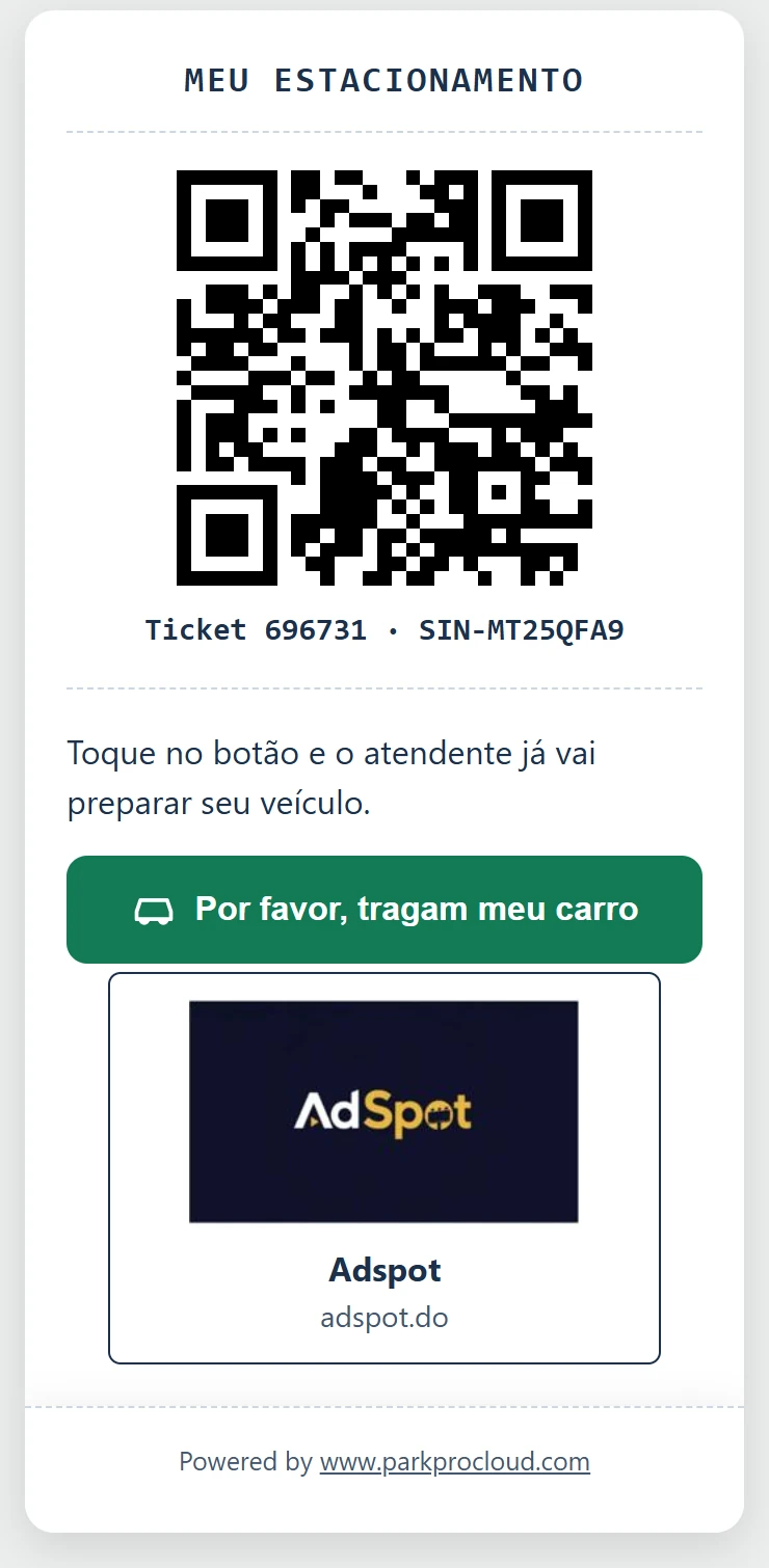 Tíquete digital do ParkingPro em português com o anúncio do patrocinador abaixo do botão de chamar o carro