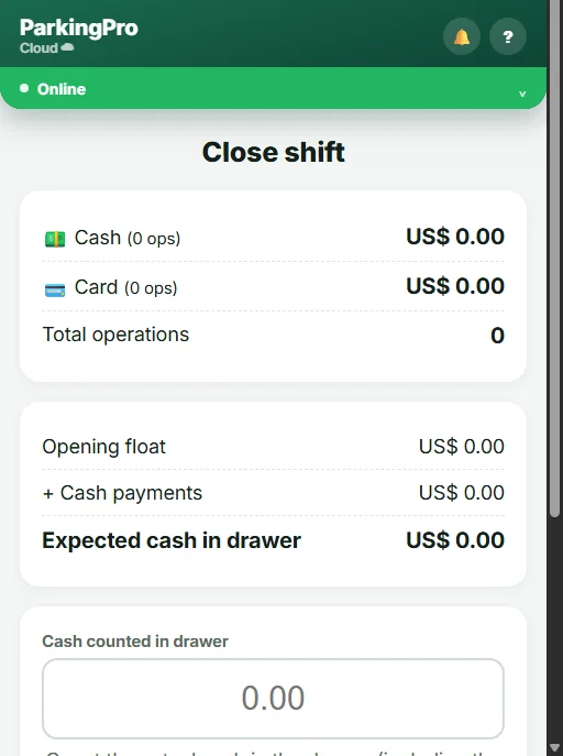 Actual ParkingPro shift closeout screen in English and USD