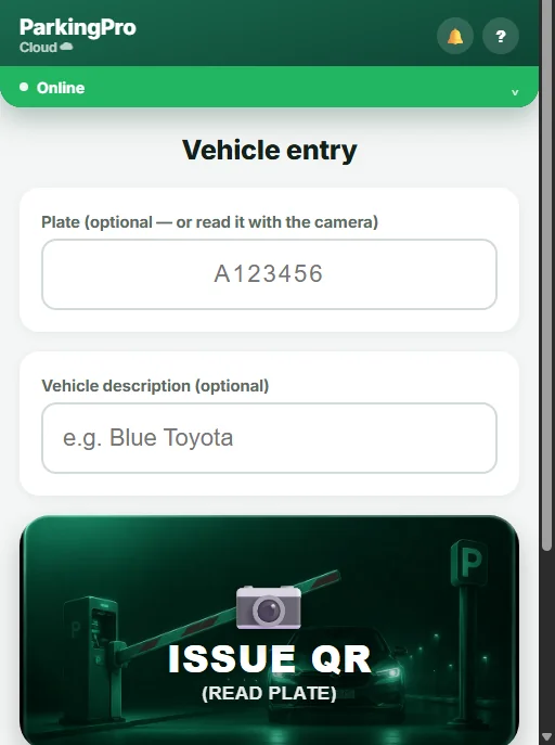 Actual ParkingPro vehicle entry screen in English