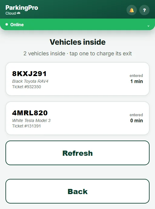 Actual ParkingPro vehicles inside screen in English