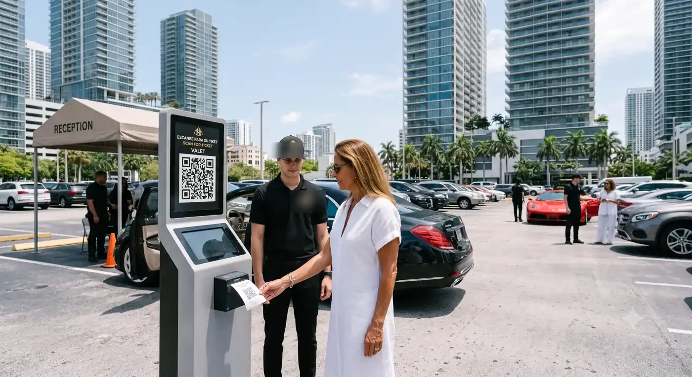 Cliente escaneando el código QR de su ticket de valet en un punto de entrega